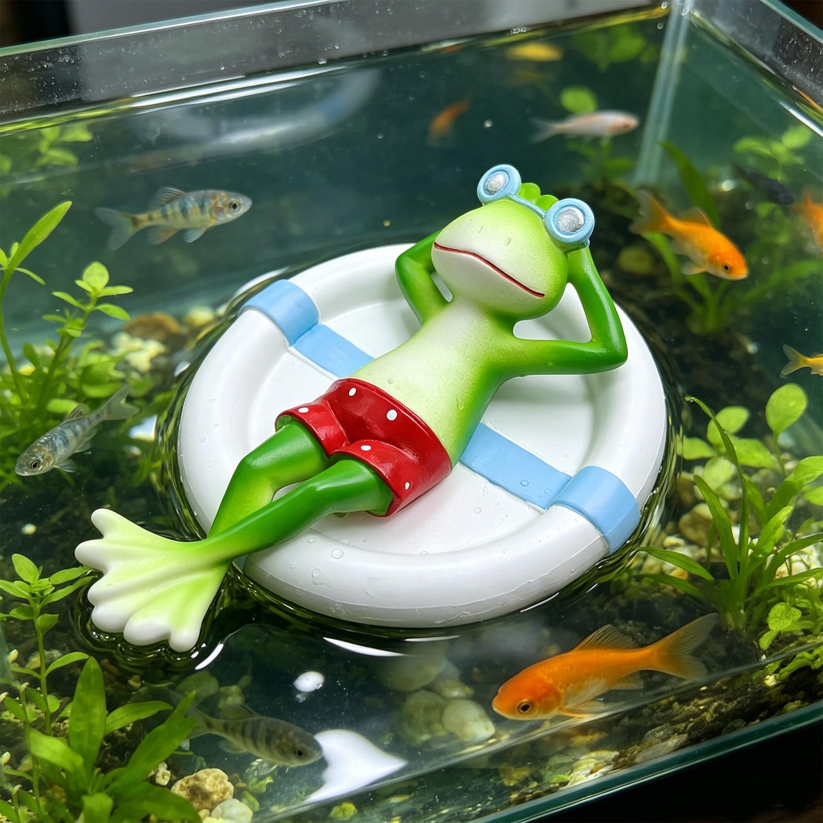 Floating Frog on Swim Ring Resin Aquarium Ornament - Fish Tank Decor Water Surface Accessory